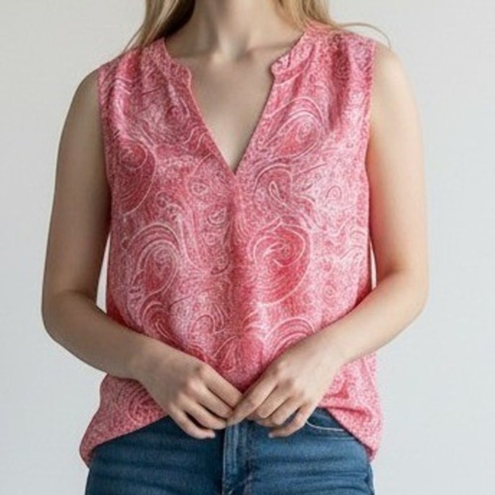 Chaus New York Paisley Split Neck Sleeveless Top Boho Red White Size XL